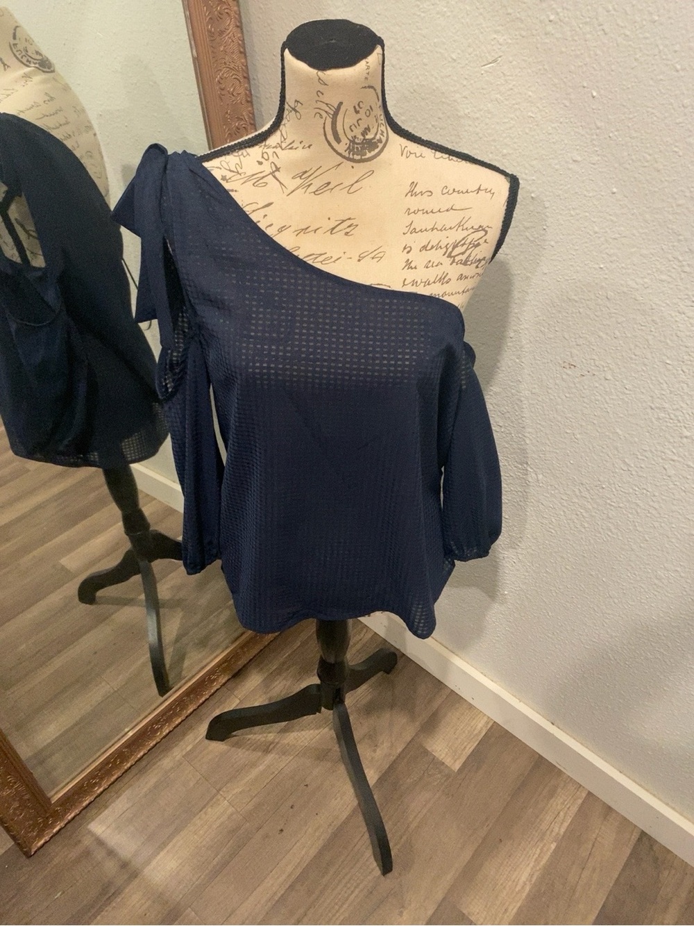 BCBGeneration Navy One-Shoulder Tie-Sleeve Blouse